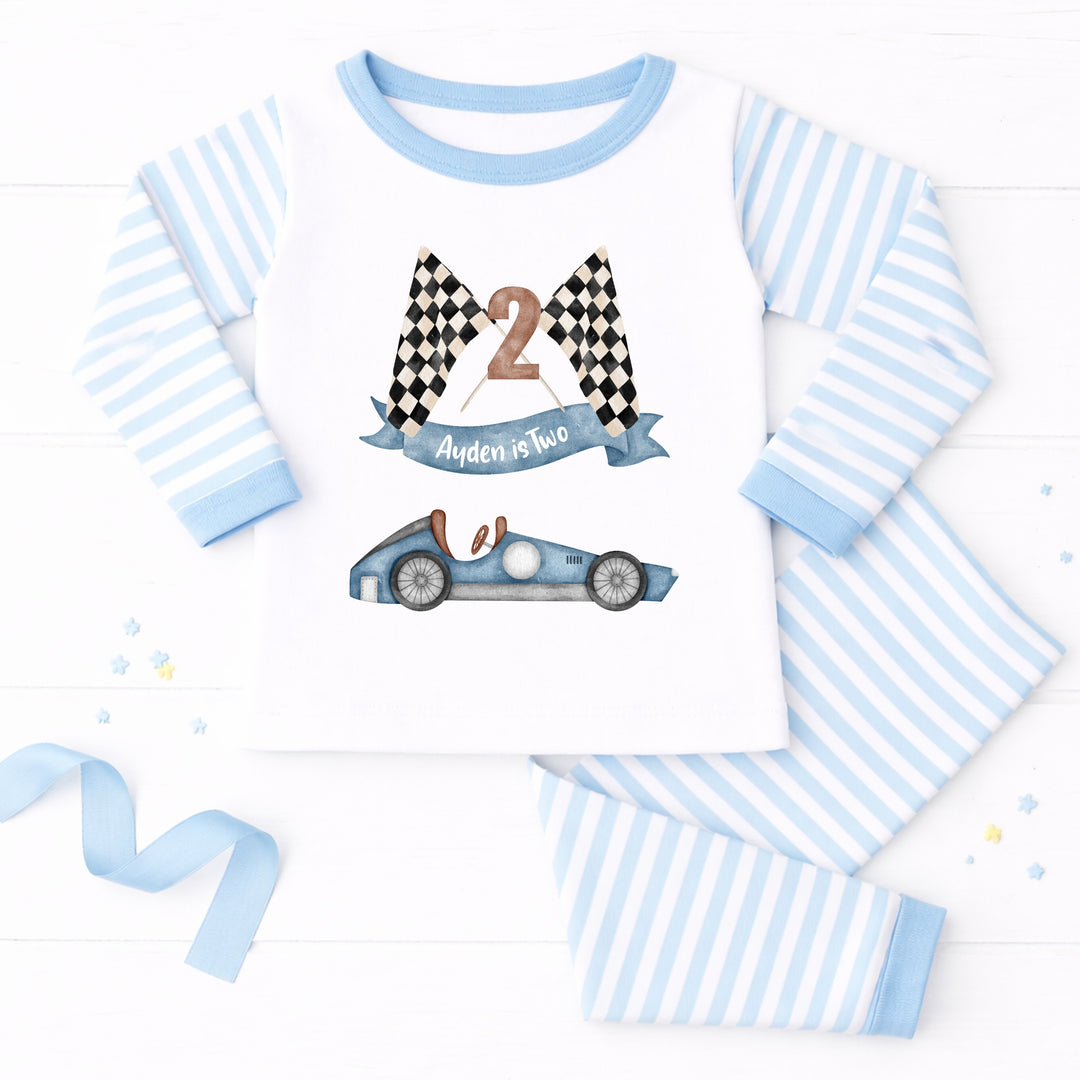 Personalised Racecar Blue Stripe Boys 2nd Birthday Pyjamas