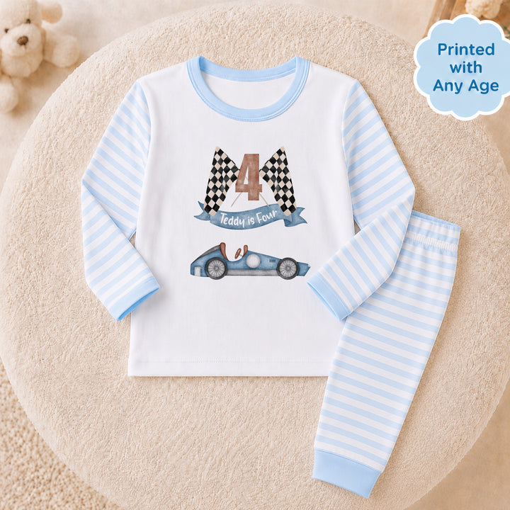 Personalised Blue Racecar Any Age Birthday Pyjamas