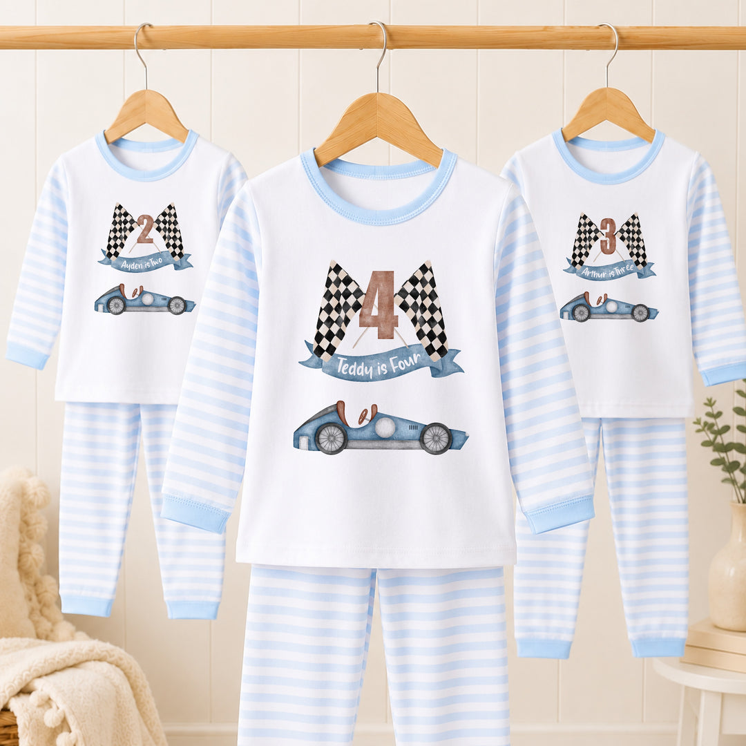 Personalised Blue Racecar Any Age Birthday Pyjamas