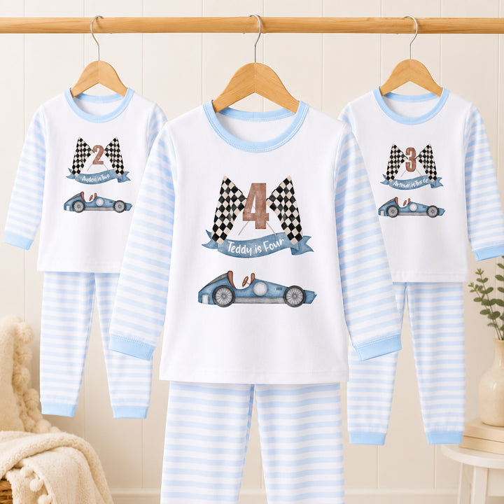 Personalised Blue Racecar Any Age Birthday Pyjamas