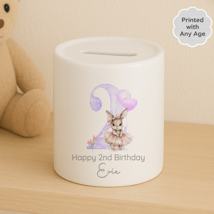 Personalised Lilac Ballerina Bunny Any Age Birthday Money Box