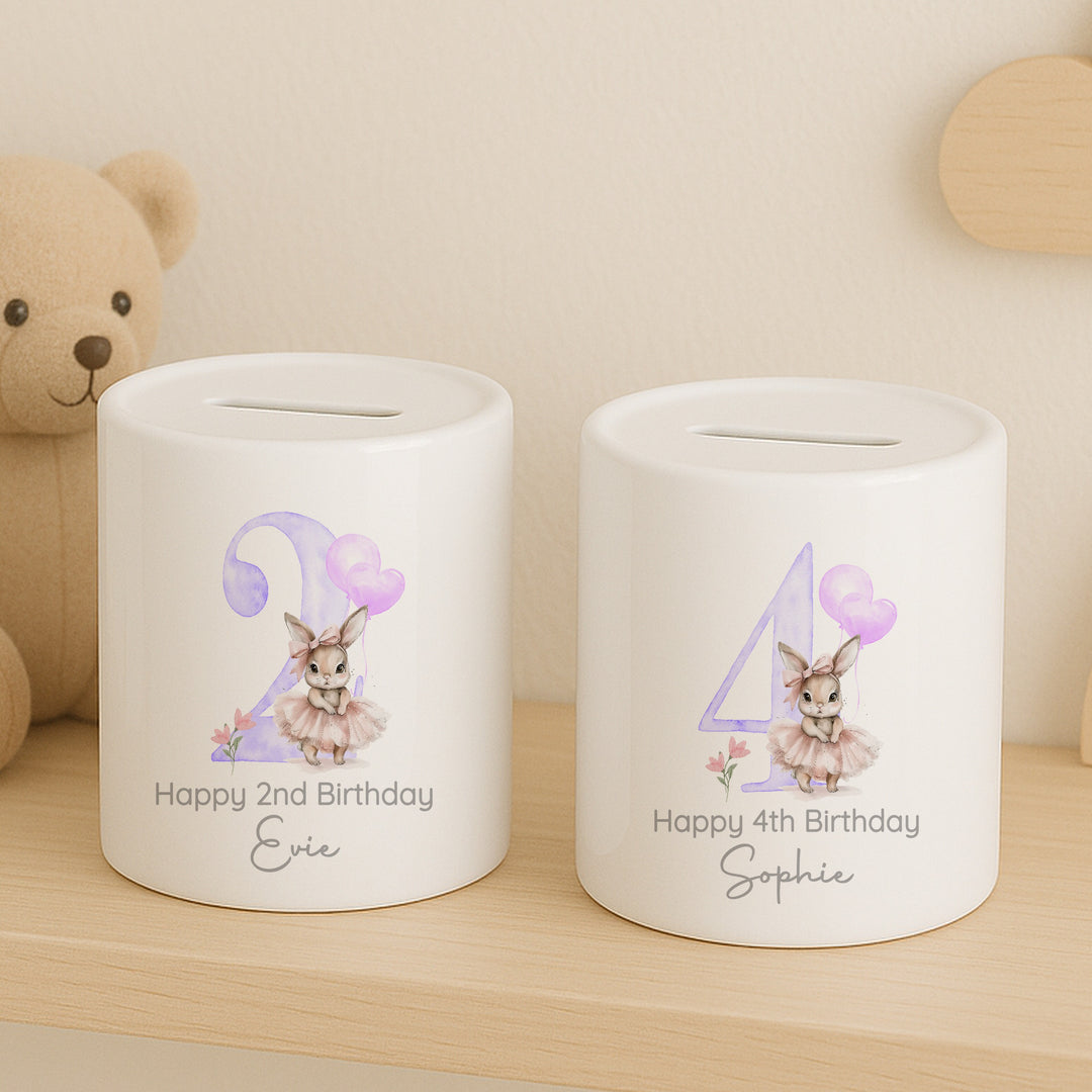 Personalised Lilac Ballerina Bunny Any Age Birthday Money Box