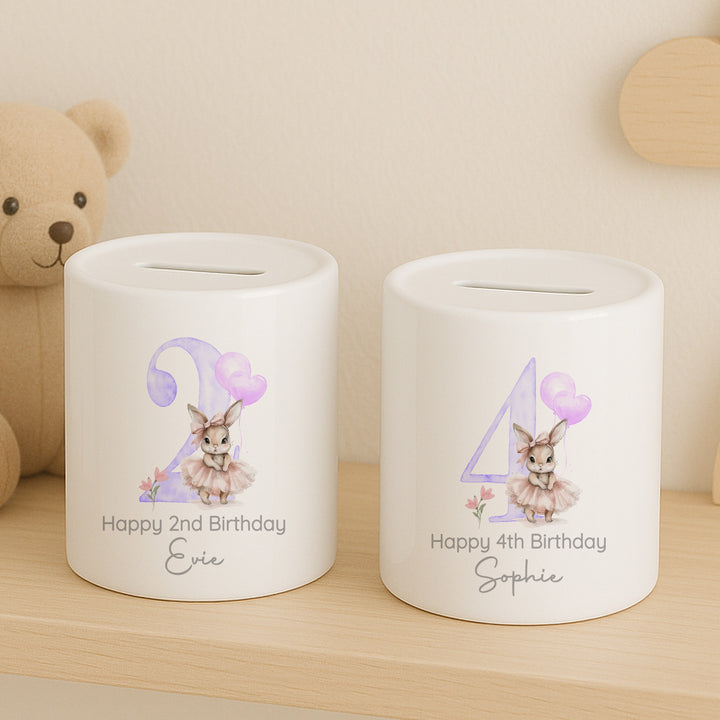 Personalised Lilac Ballerina Bunny Any Age Birthday Money Box