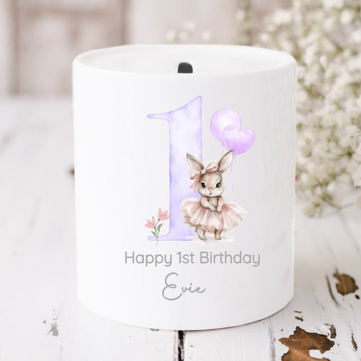 Personalised Lilac Ballerina Bunny First Birthday Money Box