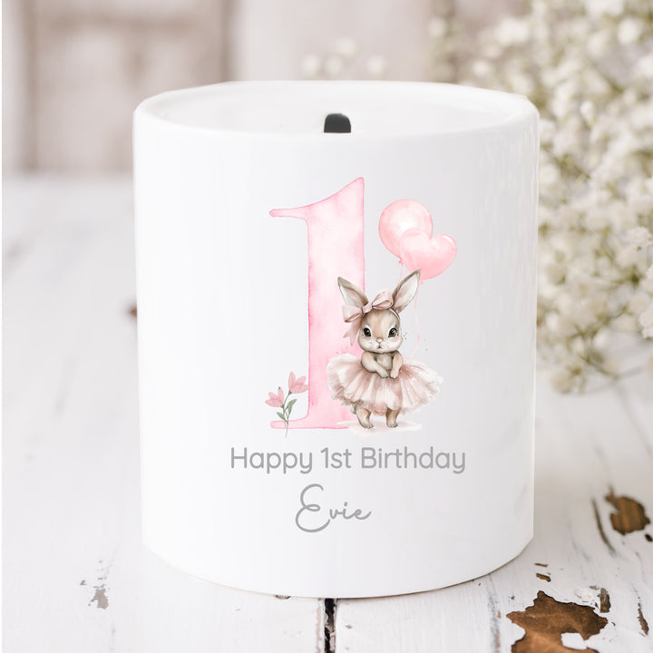 Personalised Pink Ballerina Bunny Birthday Money Box