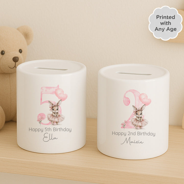 Personalised Pink Ballerina Bunny Any Age Birthday Money Box