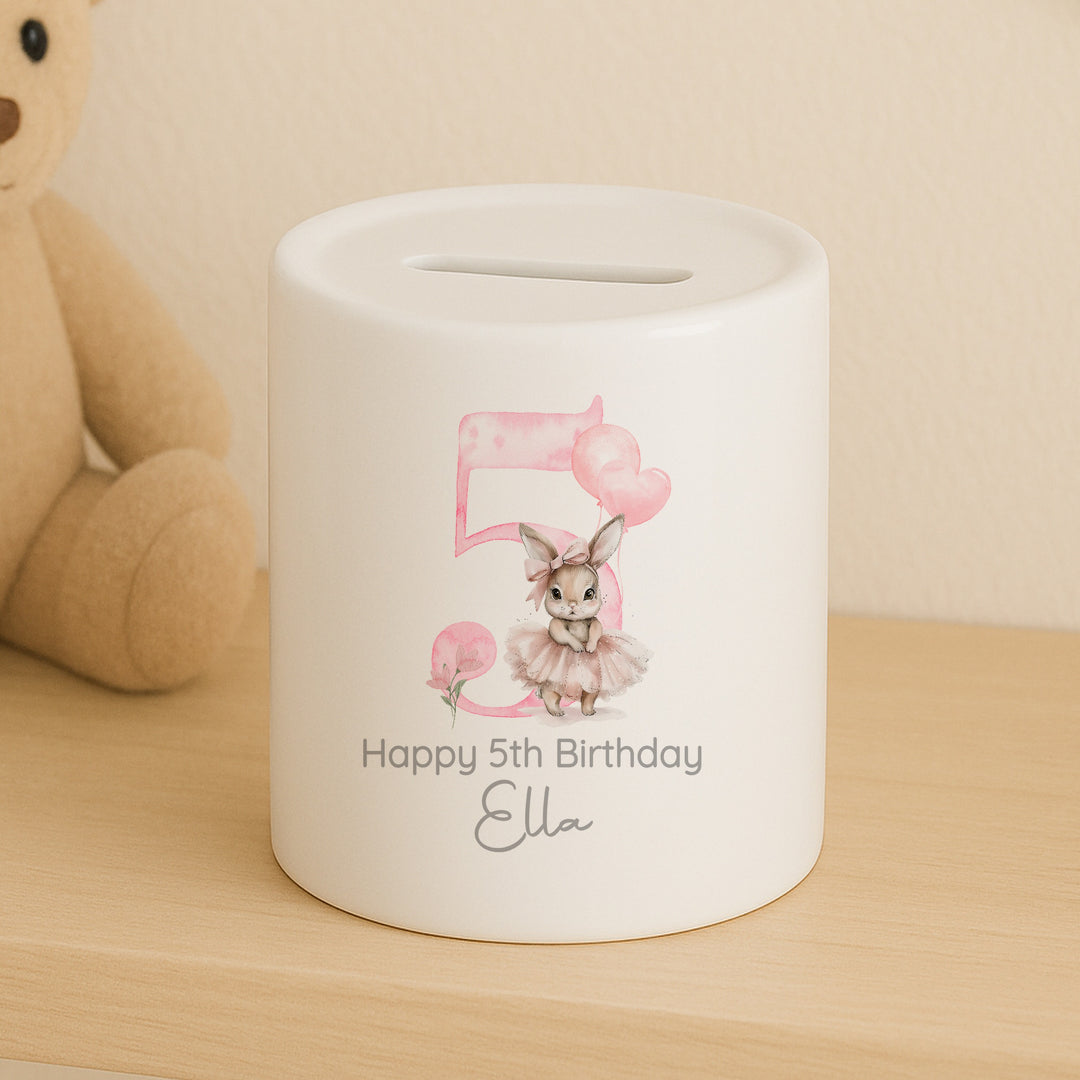 Personalised Pink Ballerina Bunny Any Age Birthday Money Box