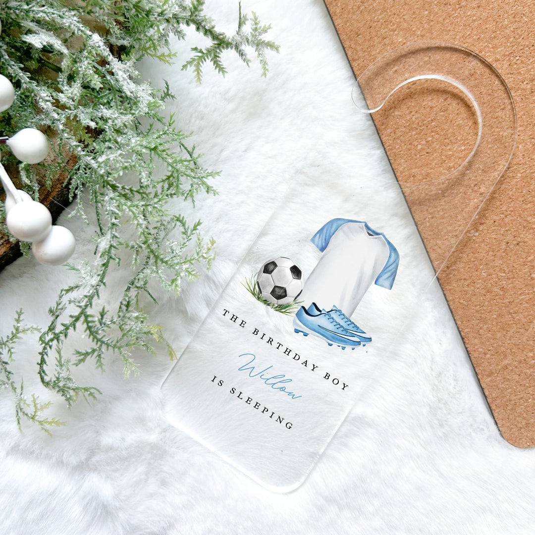 Personalised Blue Football The Birthday Boy Is Sleeping Door Sign