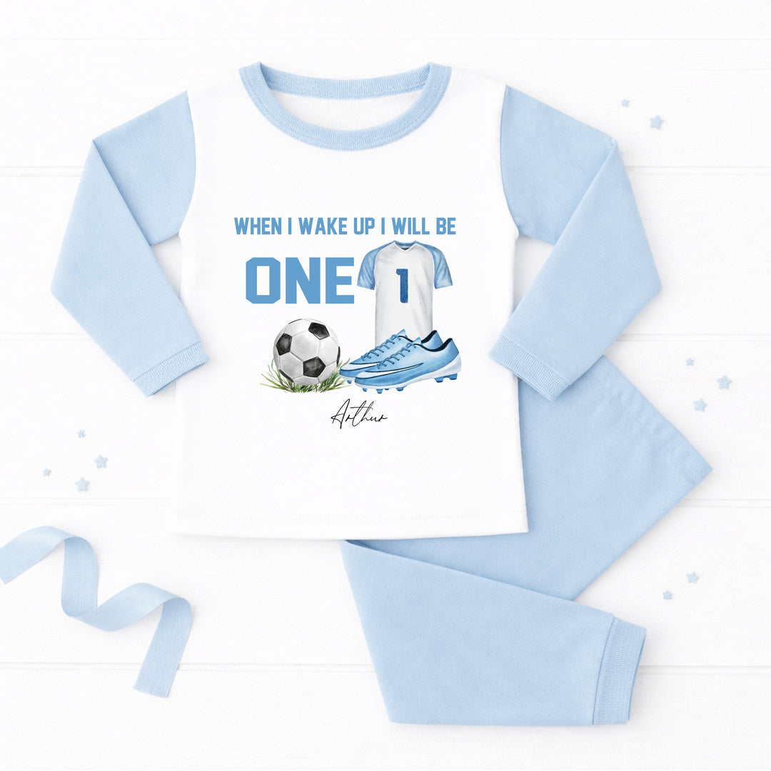 Personalised Blue Football First Birthday Pyjamas
