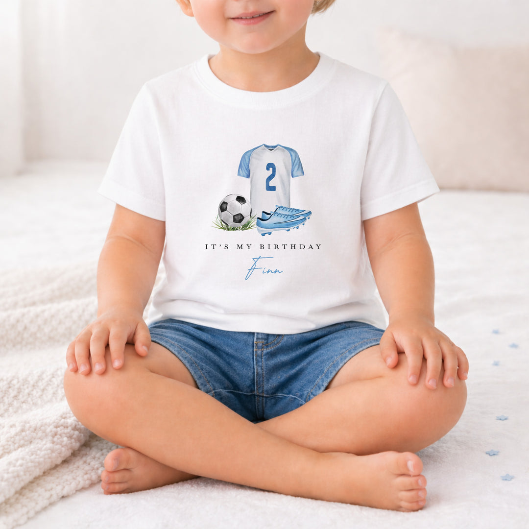 Personalised Blue Football Any Age Birthday T-Shirt