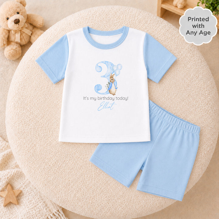 Personalised Blue Rabbit Any Age Short Sleeve Birthday Pyjamas