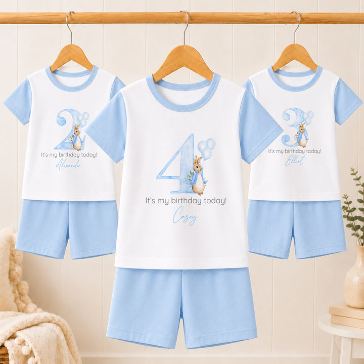 Personalised Blue Rabbit Any Age Short Sleeve Birthday Pyjamas