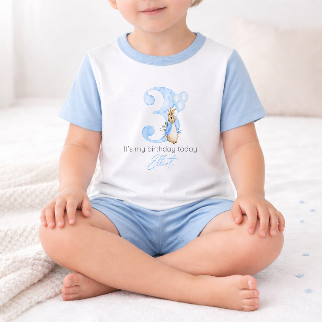 Personalised Blue Rabbit Any Age Short Sleeve Birthday Pyjamas