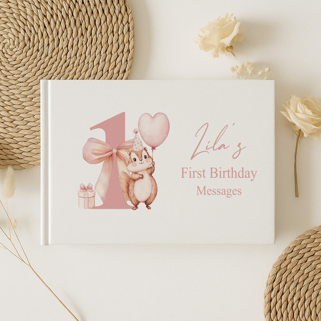 Personalised Pink Chipmunk First Birthday Guest Book