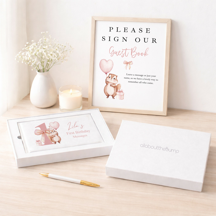 Personalised Pink Chipmunk First Birthday Guest Book
