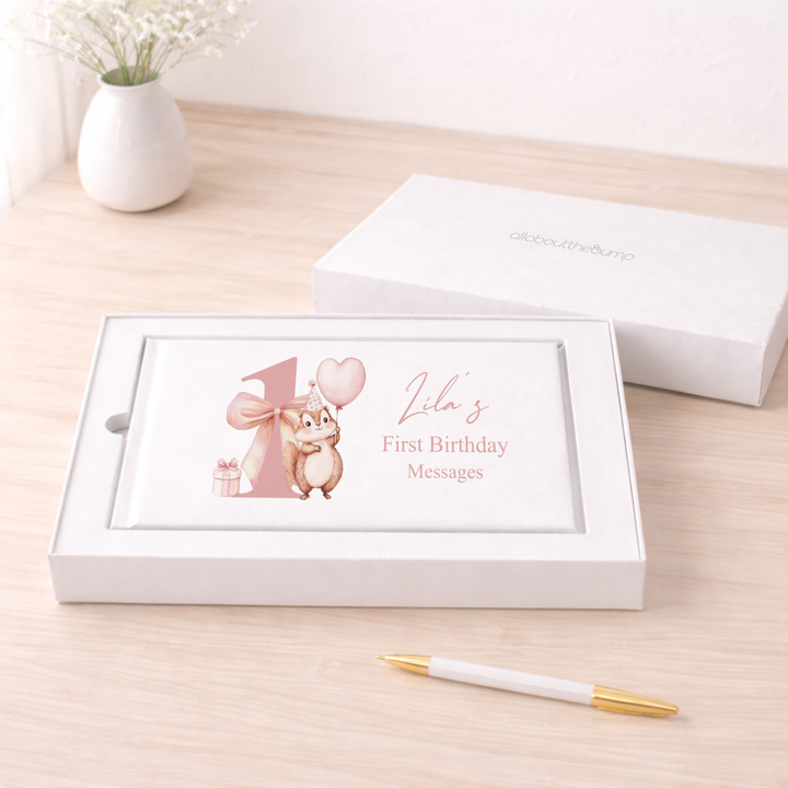 Personalised Pink Chipmunk First Birthday Guest Book