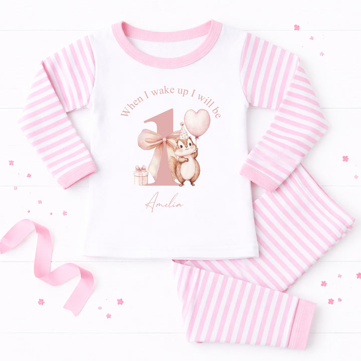 Personalised Chipmunk When I Wake Up I Will Be 1 Pink First Birthday Pyjamas