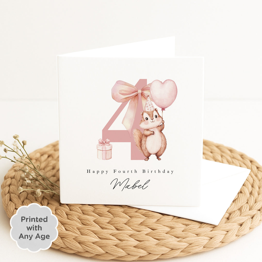 Personalised Pink Chipmunk Any Age Birthday Card