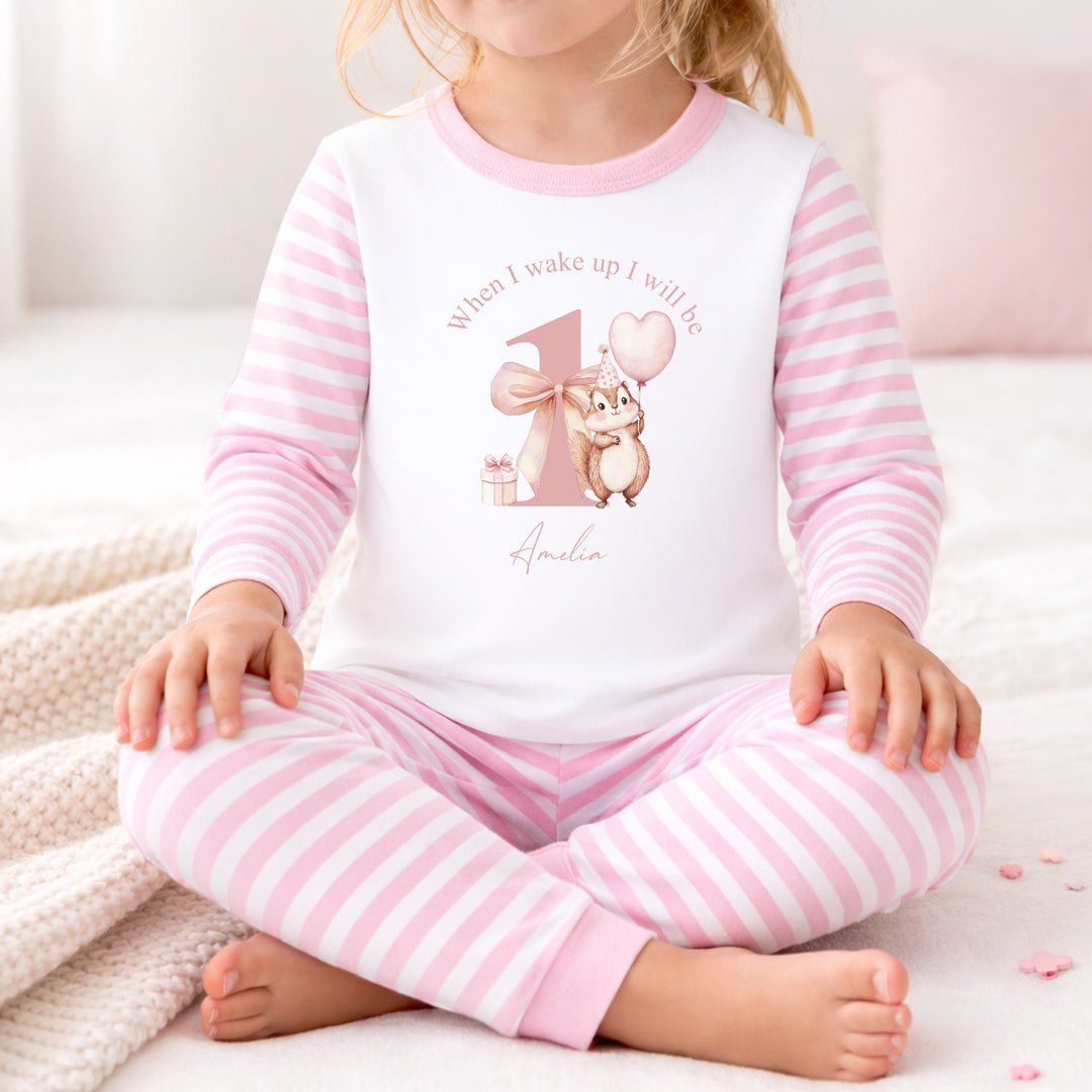 Personalised Chipmunk When I Wake Up I Will Be 1 Pink First Birthday Pyjamas
