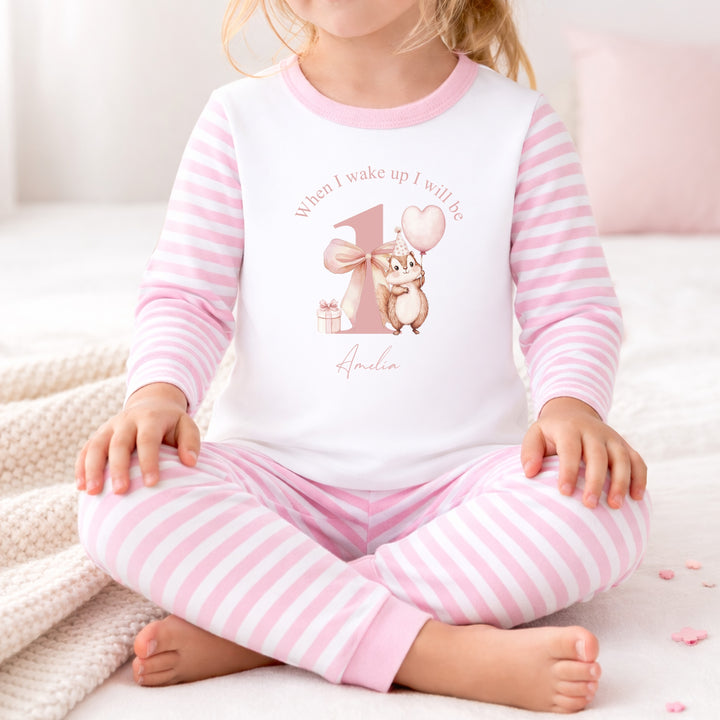 Personalised Chipmunk When I Wake Up I Will Be 1 Pink First Birthday Pyjamas