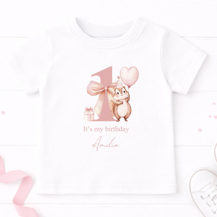 Personalised Pink Chipmunk It's My First Birthday T-Shirt