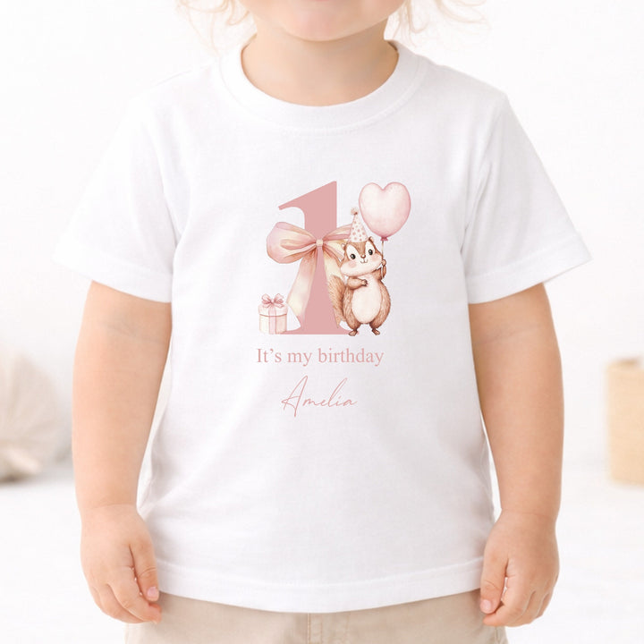 Personalised Pink Chipmunk It's My First Birthday T-Shirt