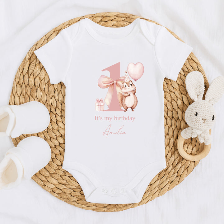 Personalised Pink Chipmunk Today I Am One First Birthday Vest