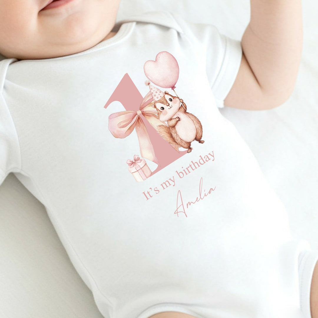 Personalised Pink Chipmunk Today I Am One First Birthday Vest