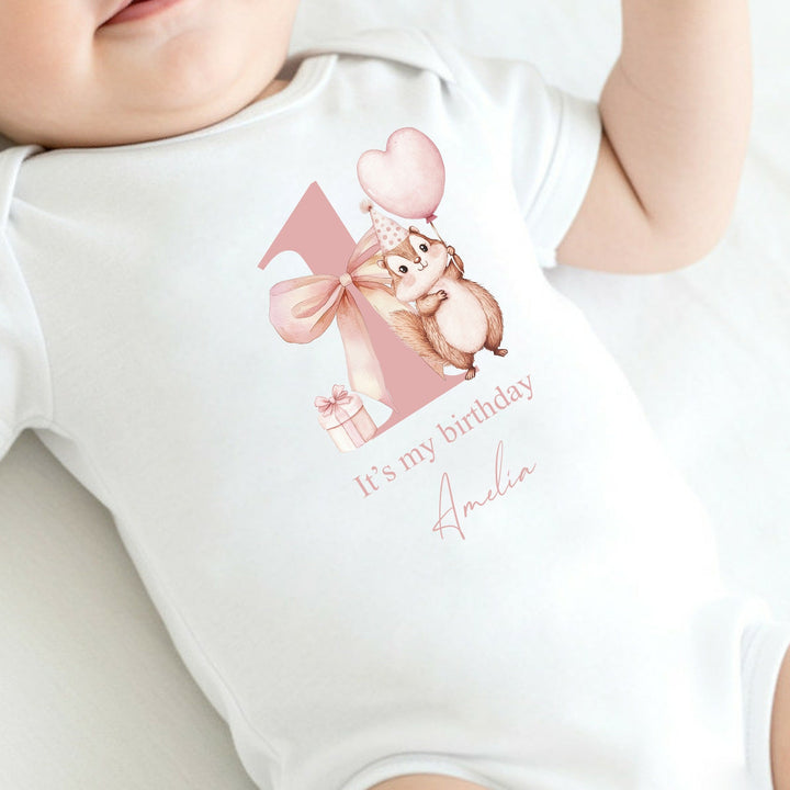 Personalised Pink Chipmunk Today I Am One First Birthday Vest