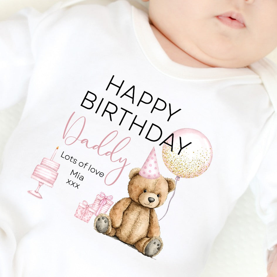 Happy Birthday Birthday Daddy Pink Teddy Babygrow/Vest