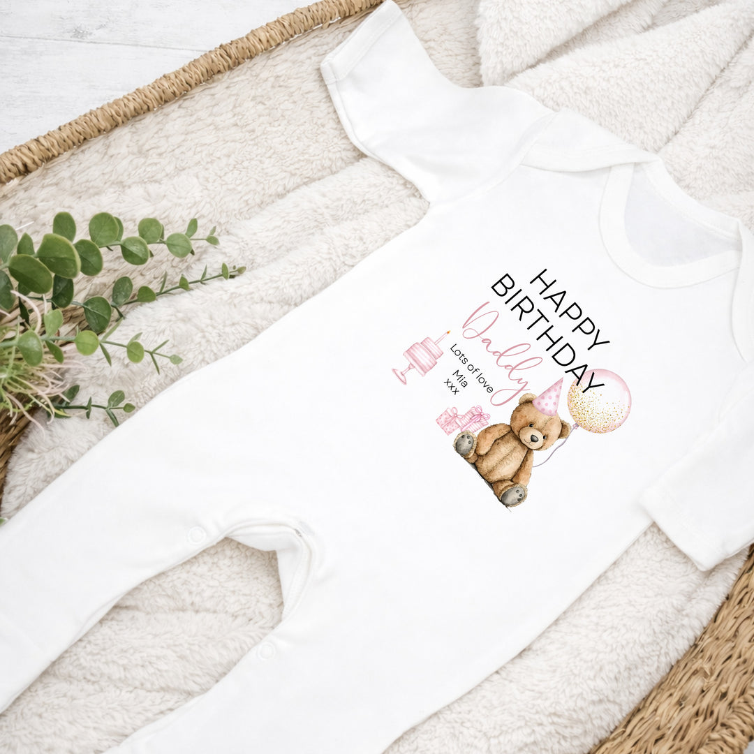 Personalised Pink Teddy Bear Happy Birthday Daddy Baby Grow or Vest