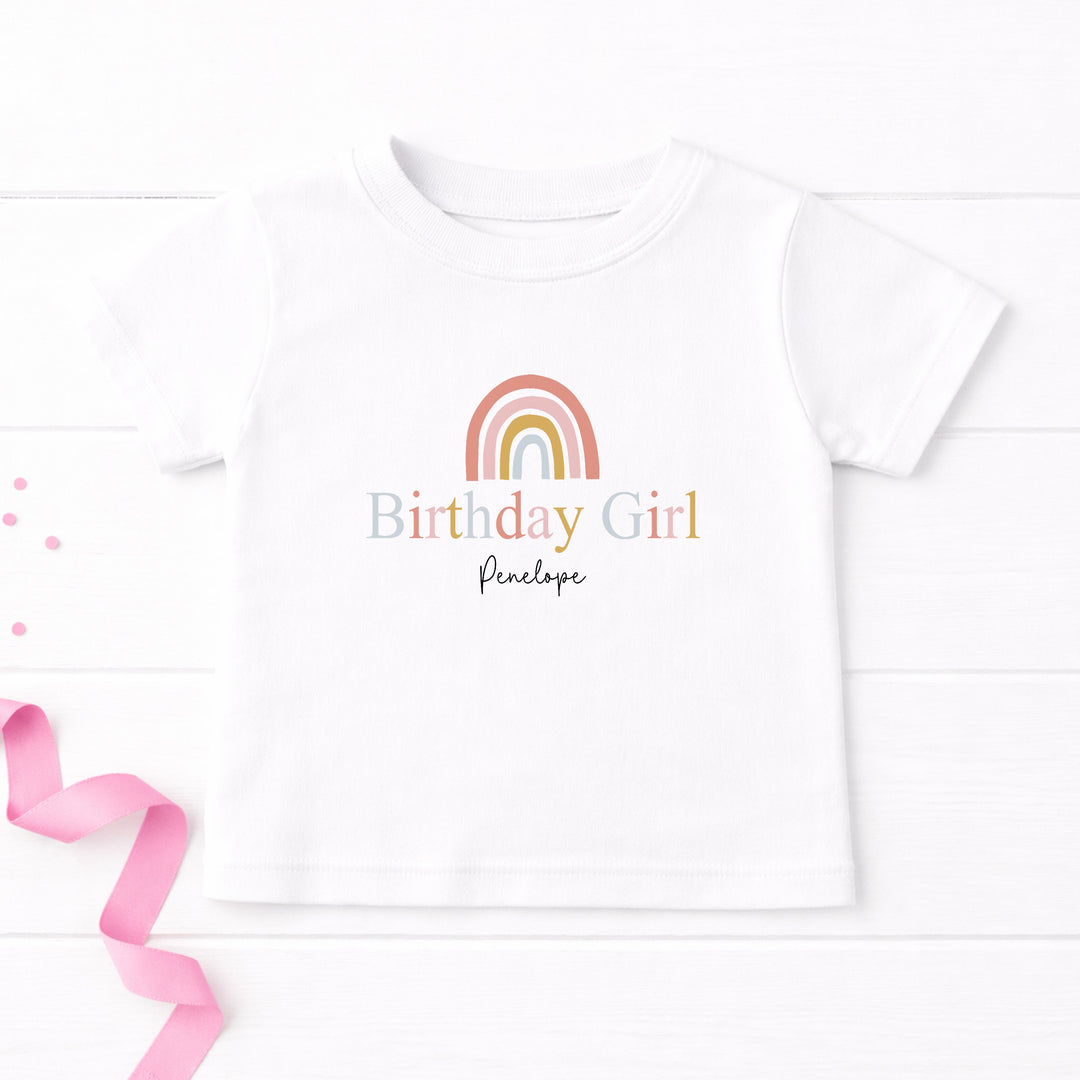 Personalised Pink Rainbow Birthday Girl T-shirt