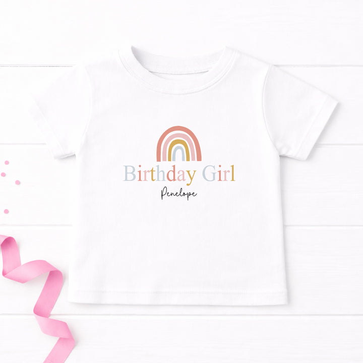 Personalised Pink Rainbow Birthday Girl T-shirt