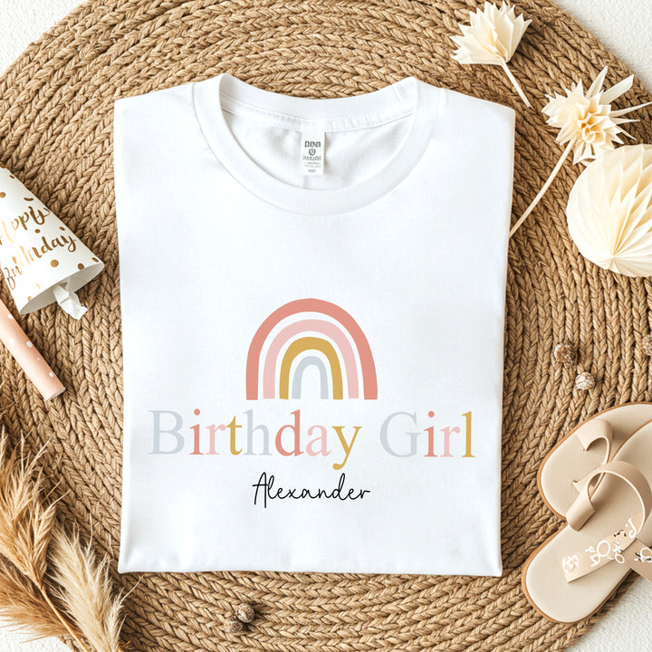 Personalised Pink Rainbow Birthday Girl T-shirt