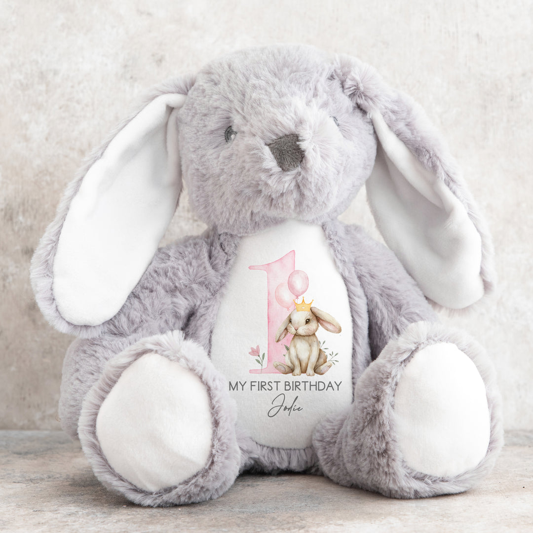 Personalised Pink Bunny Crown Birthday Teddy