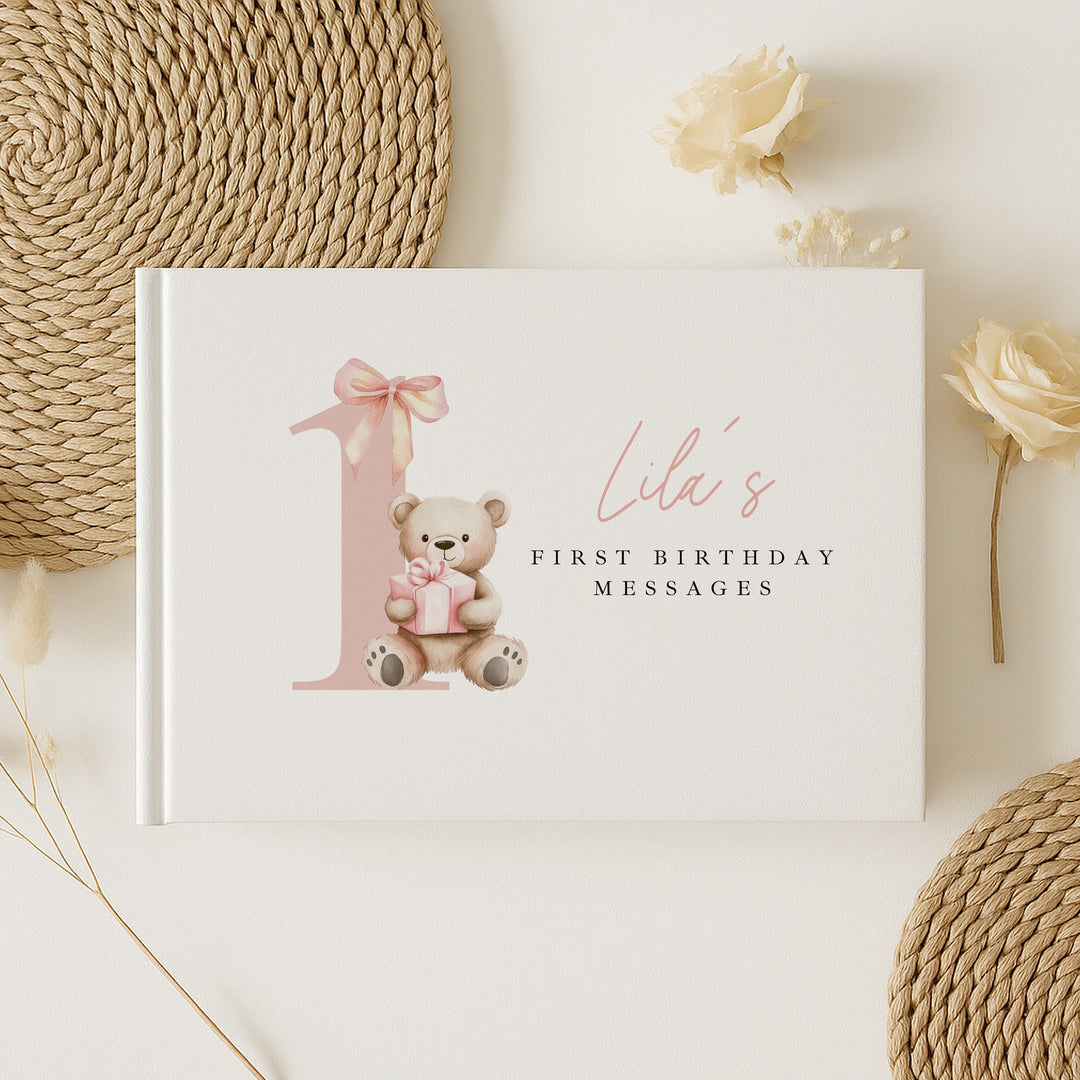 Personalised Pink Bear First Birthday Guest Book
