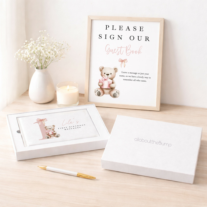 Personalised Pink Bear First Birthday Guest Book