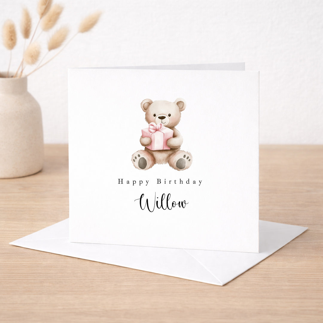 Personalised Pink Bear Birthday Card