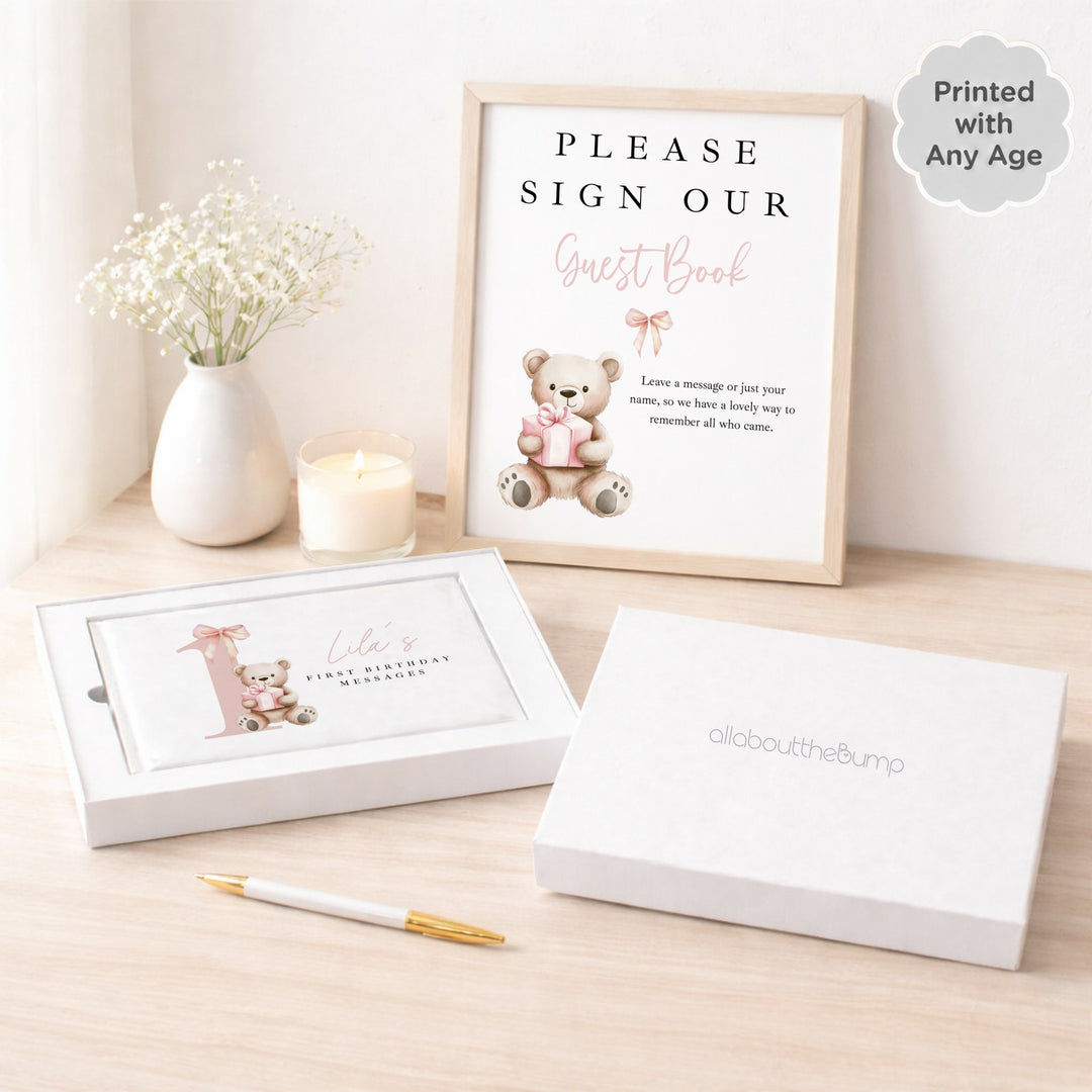 Personalised Pink Bear Any Age Birthday Guest Book