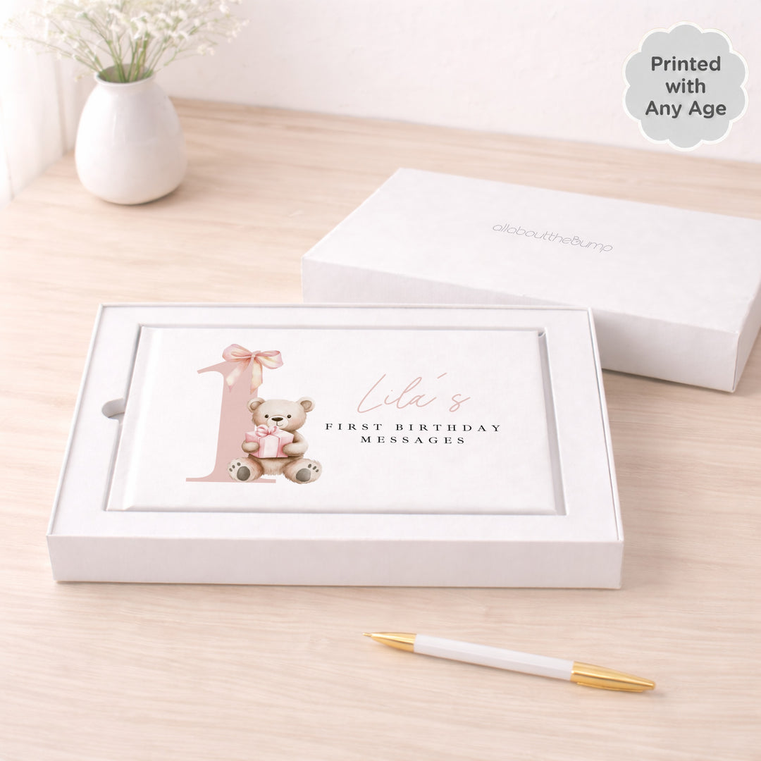 Personalised Pink Bear Any Age Birthday Guest Book