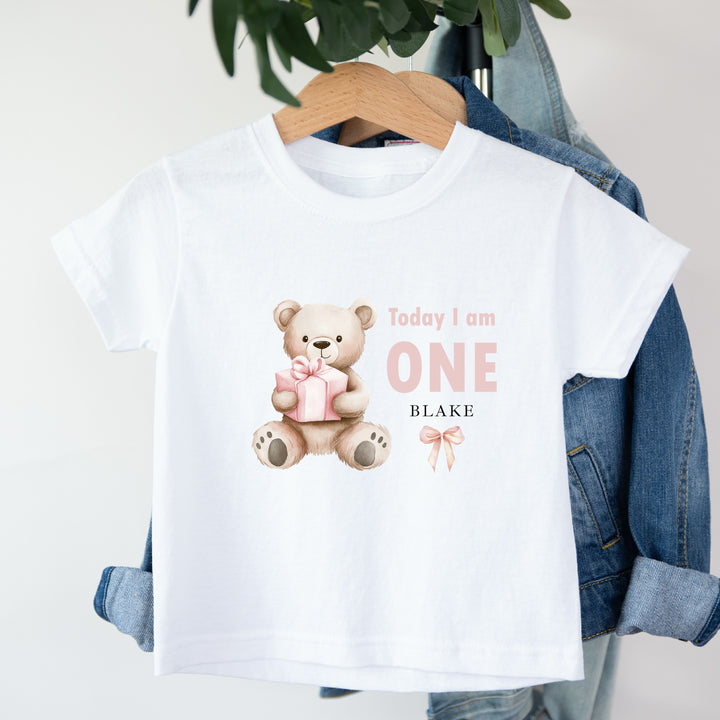 Personalised Pink Bear Today I Am One T-Shirt