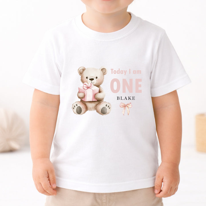 Personalised Pink Bear Today I Am One T-Shirt