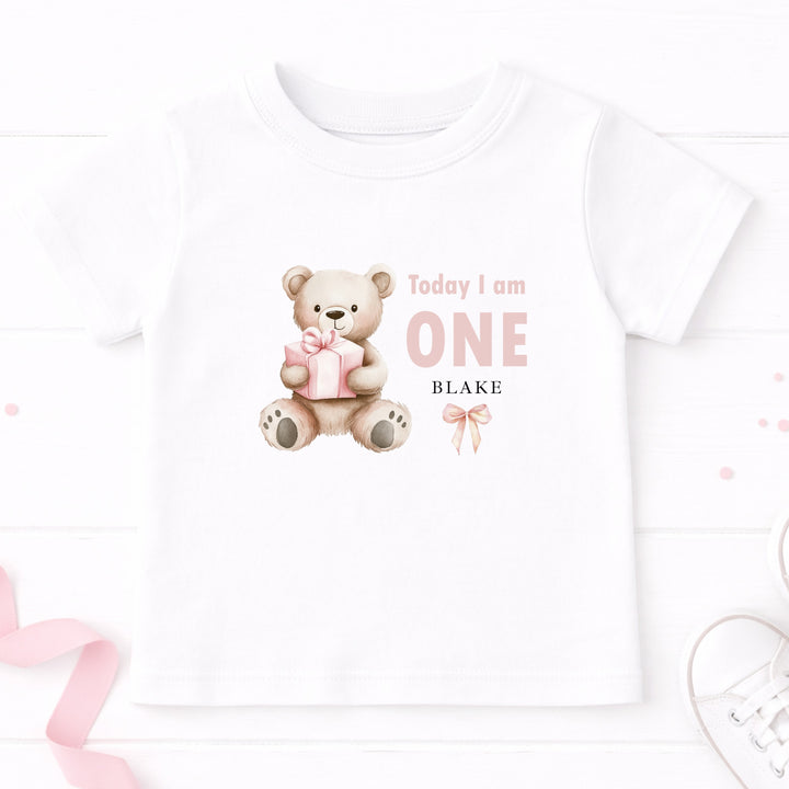 Personalised Pink Bear Today I Am One T-Shirt