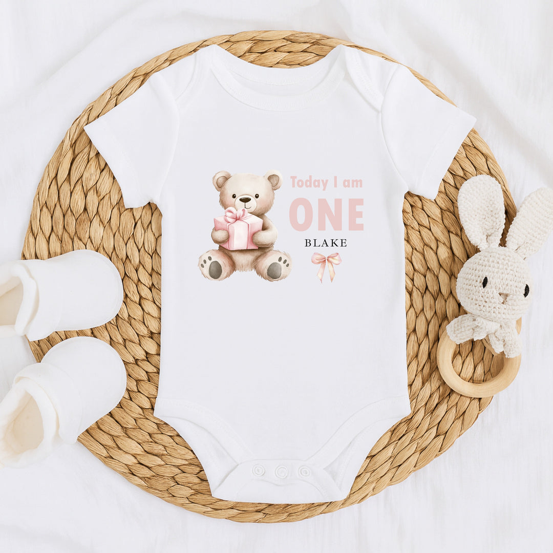 Personalised Pink Teddy Today I Am One First Birthday Vest