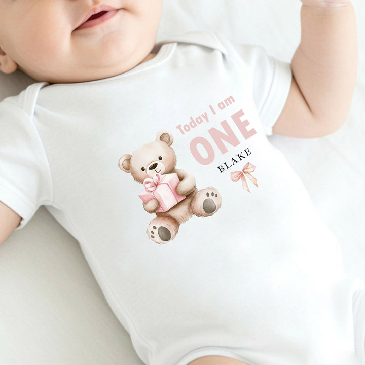 Personalised Pink Teddy Today I Am One First Birthday Vest
