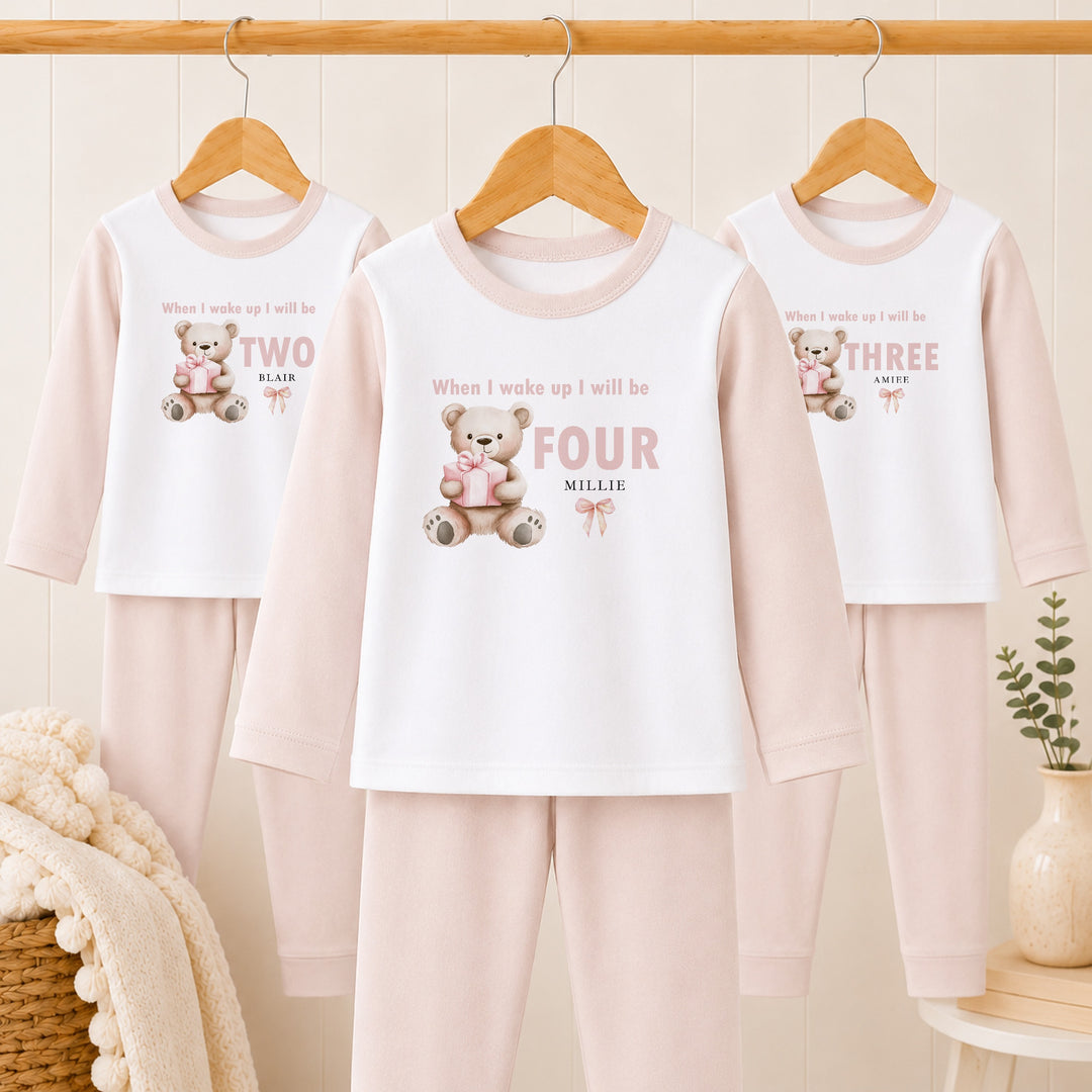 Personalised Pink Bear Any Age Birthday Pyjamas
