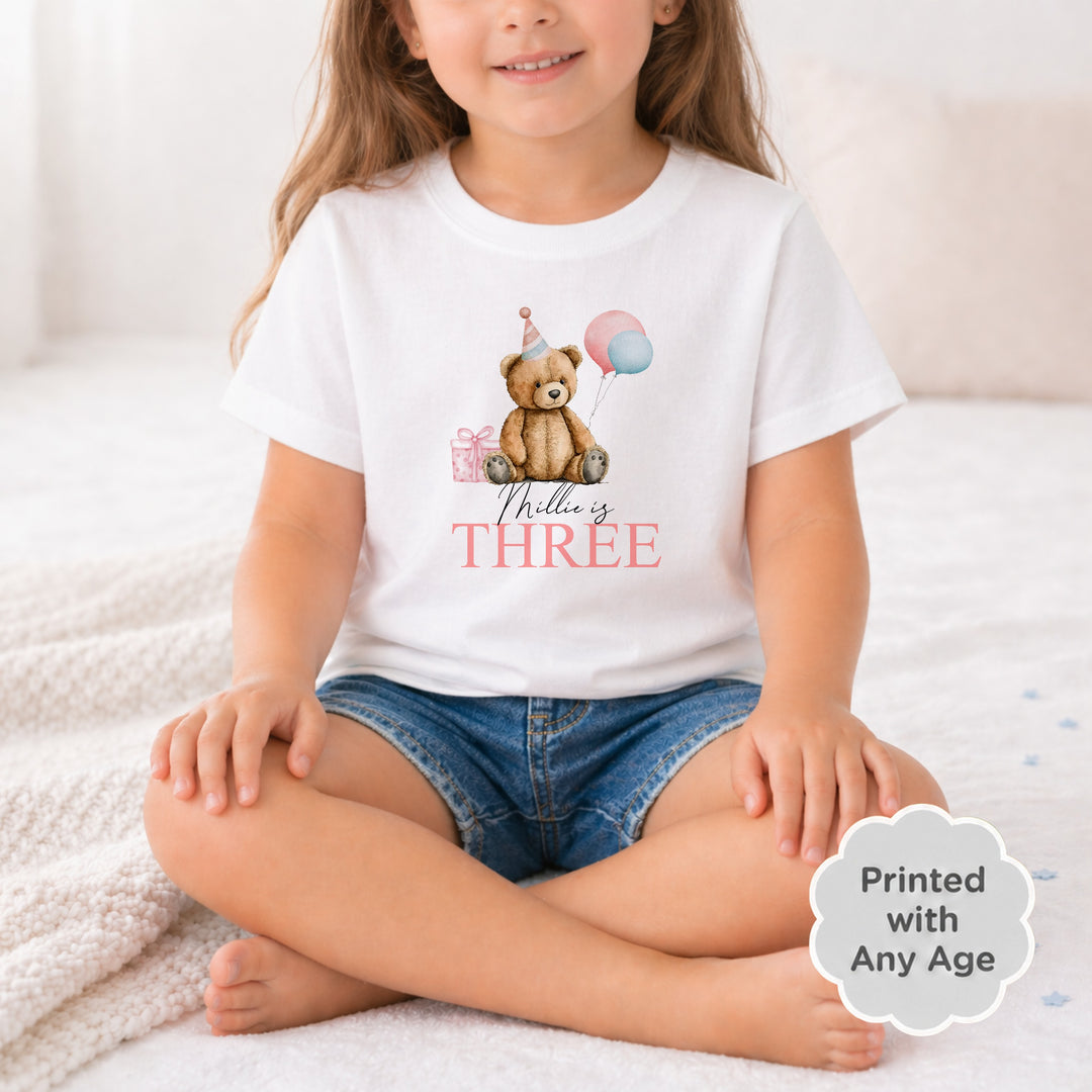 Personalised Pink Teddy Girls Any Age Birthday T-shirt