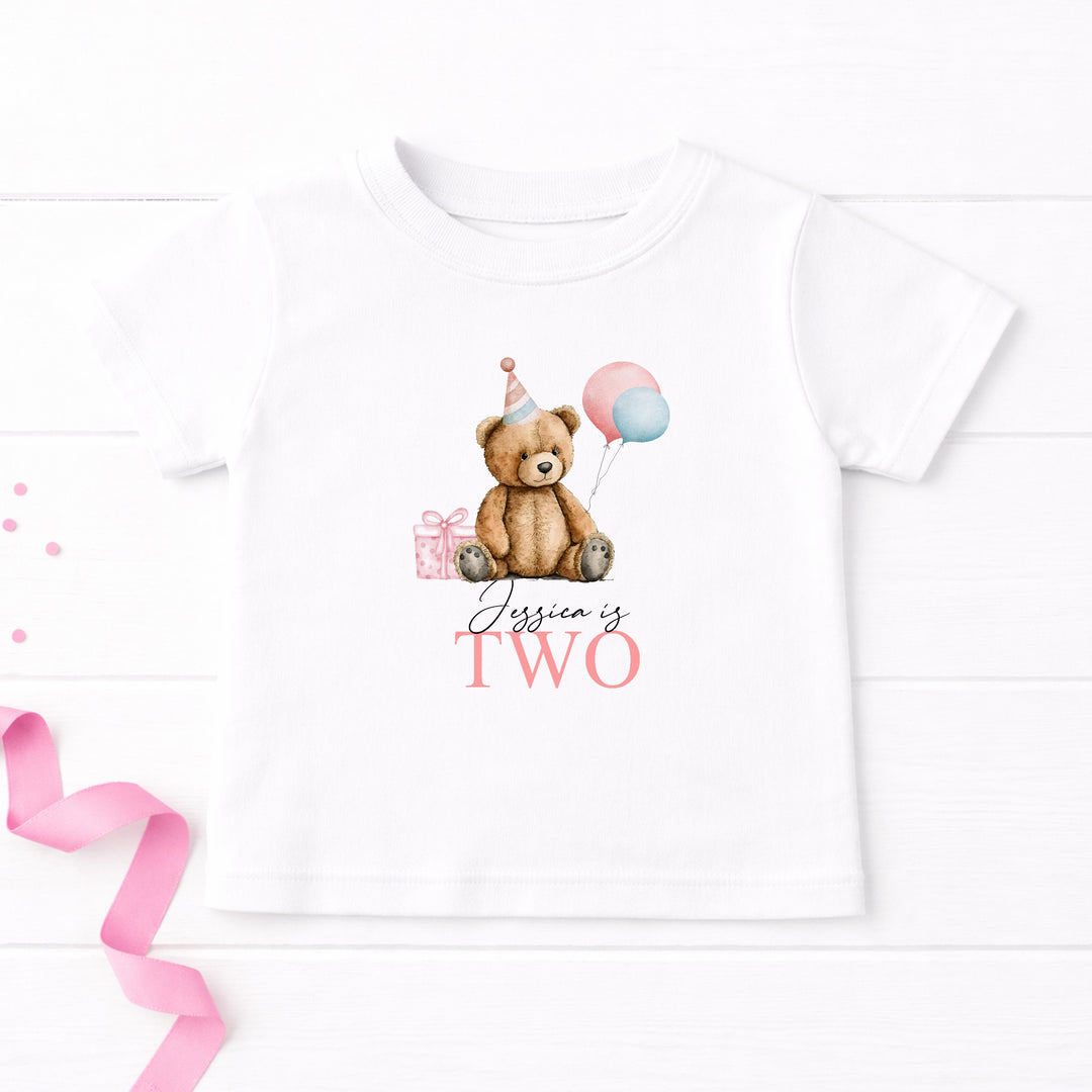 Personalised Pink Teddy Girls Any Age Birthday T-shirt