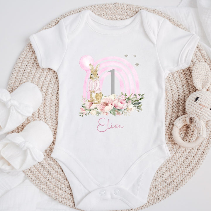 Personalised Birthday Pink Rabbit Rainbow Vest