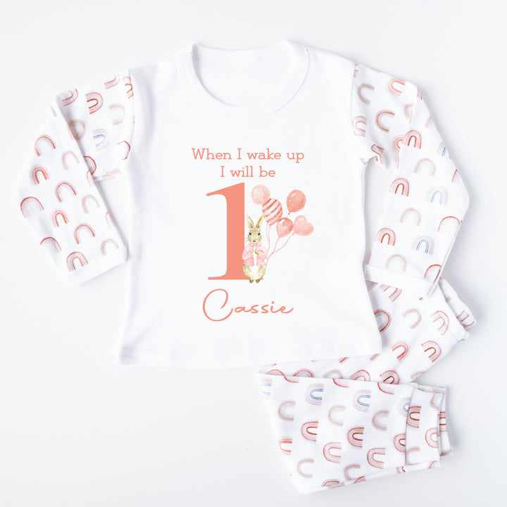 Personalised When I Wake Up Red Rabbit Rainbow Pyjamas